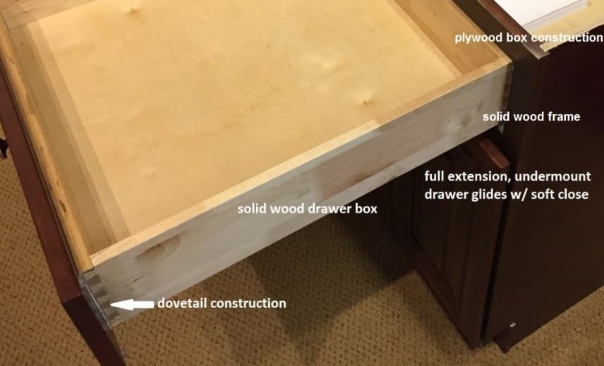 Glide-Lock cabinet construction detail showing plywood box construction, solid wood frame, solid wood dovetail drawer box, and full extension undermount soft close drawer glides