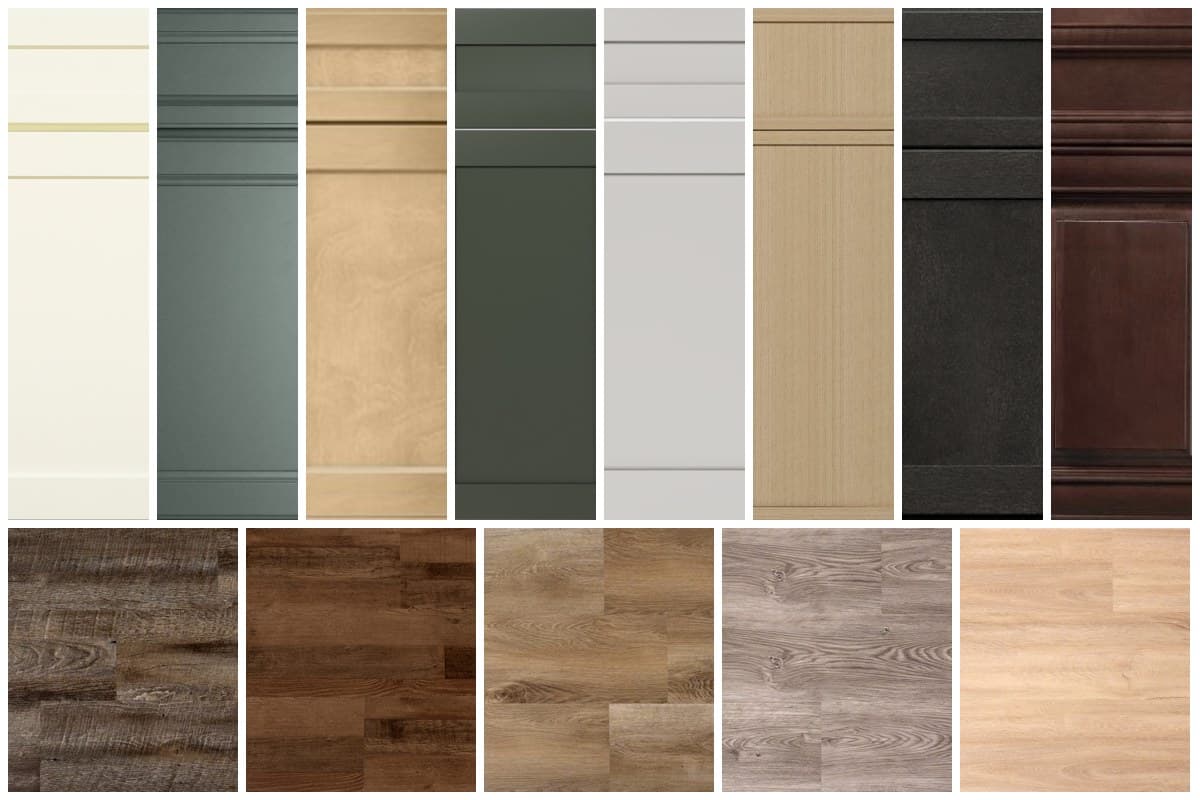 Collage of Glide-Lock cabinet door finishes and Luxury Vinyl Plank Flooring colors