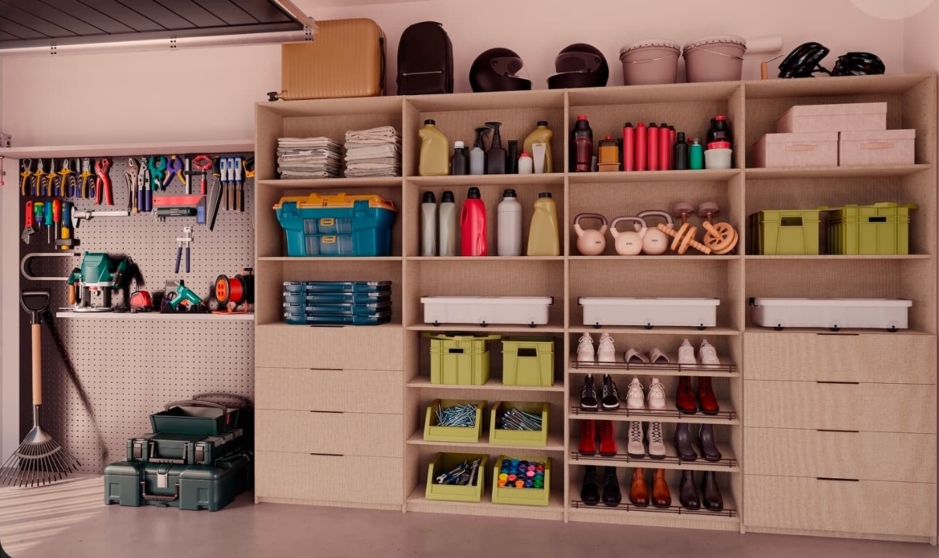 Garage storage wall with woodgrain open shelving, drawer banks, shoe racks, and a pegboard tool area