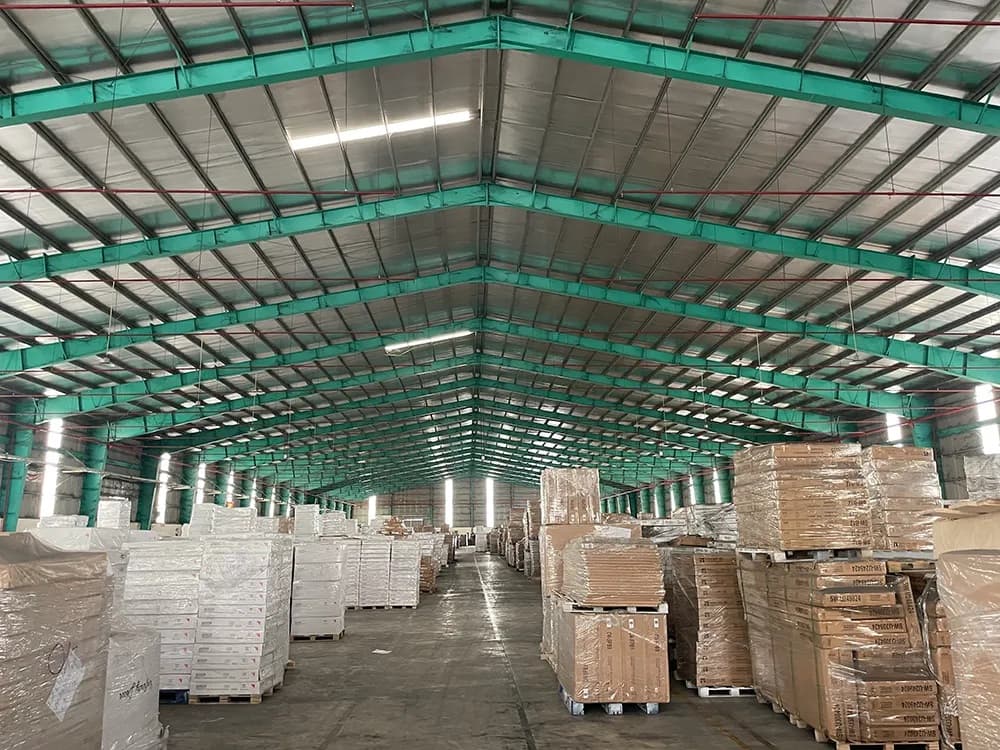 Glide-Lock warehouse interior with green-roof beams and product pallets
