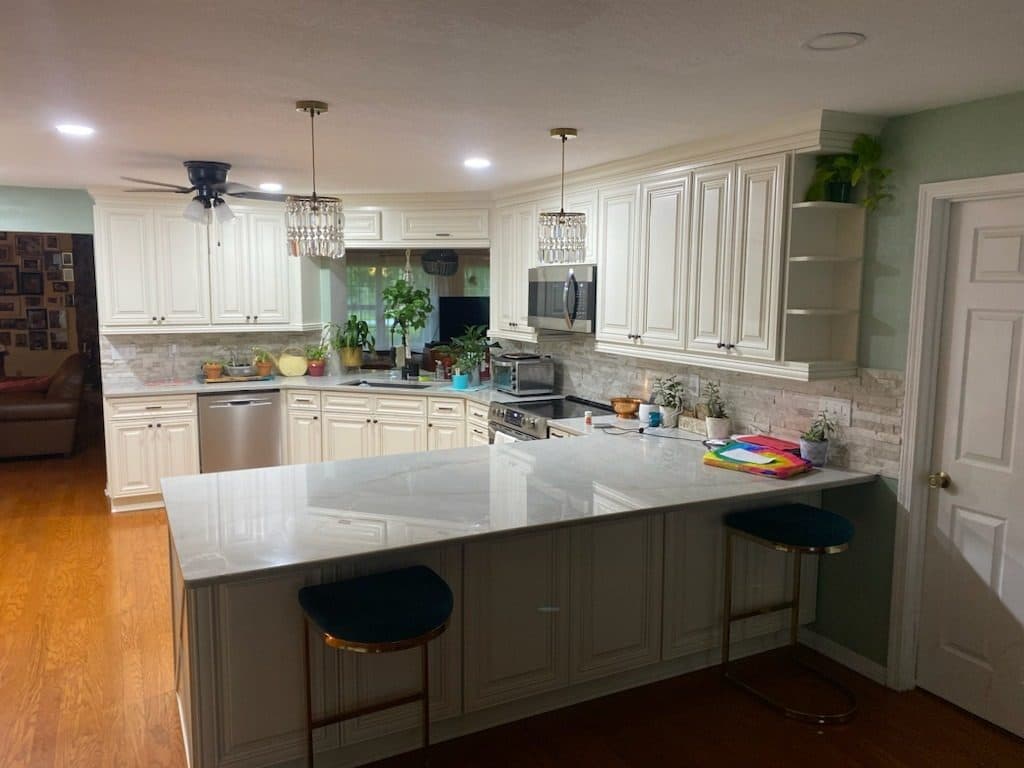 White Kitchen with Gray Peninsula