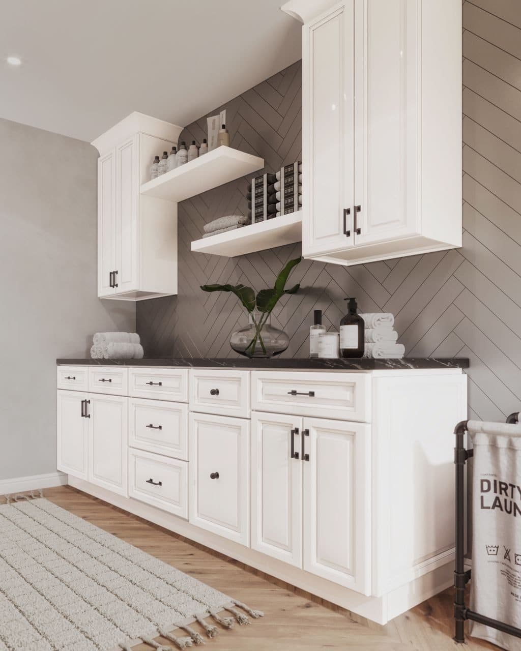 White Laundry Built-Ins with Open Shelves