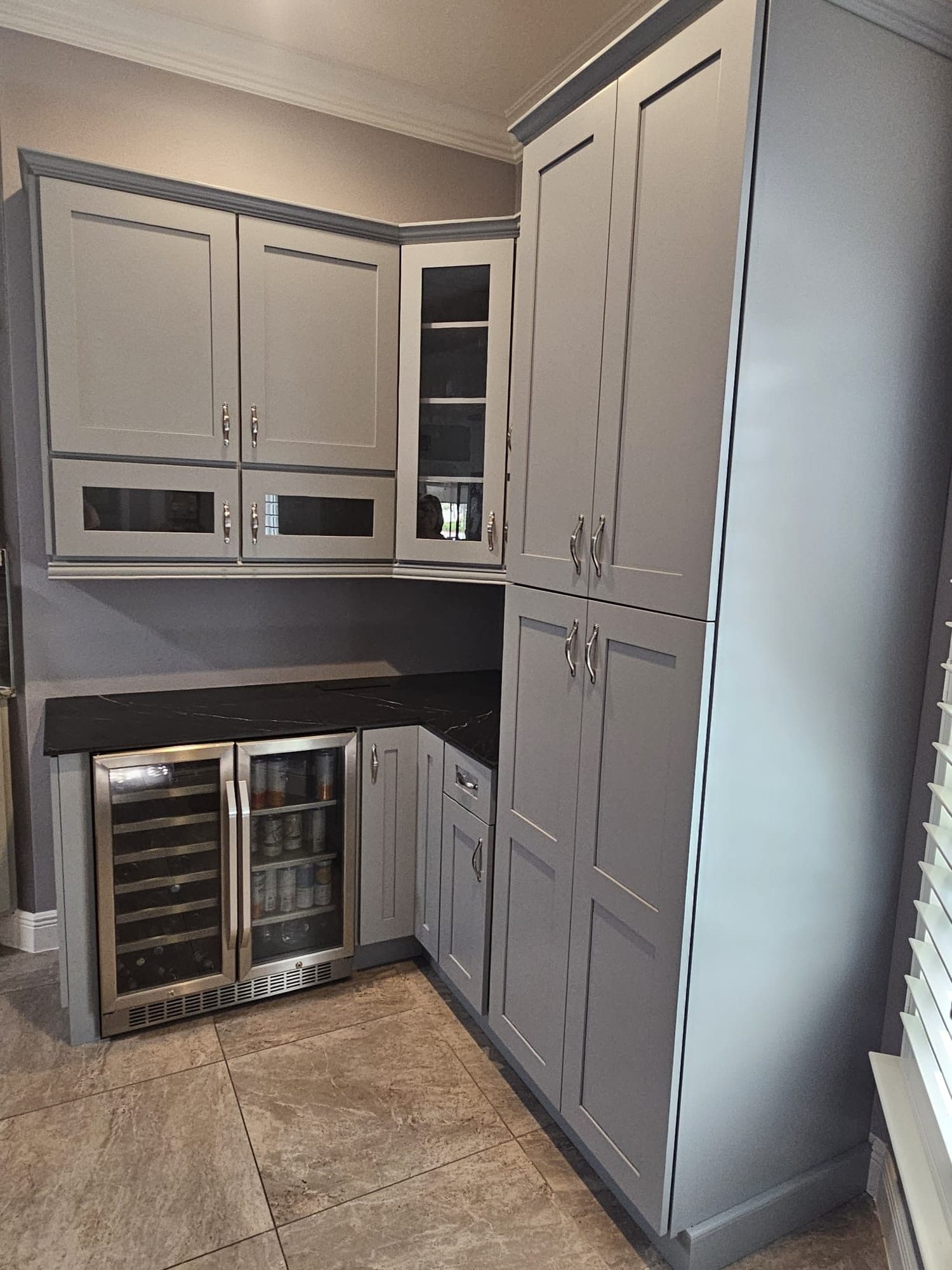 Gray Wet Bar with Wine Fridge