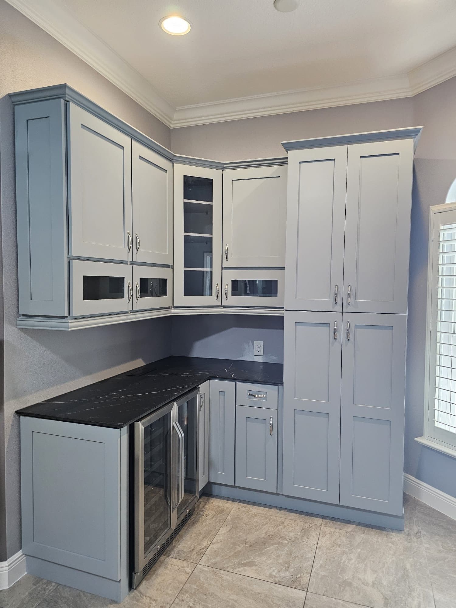 Blue-Gray Wet Bar with Tall Pantry