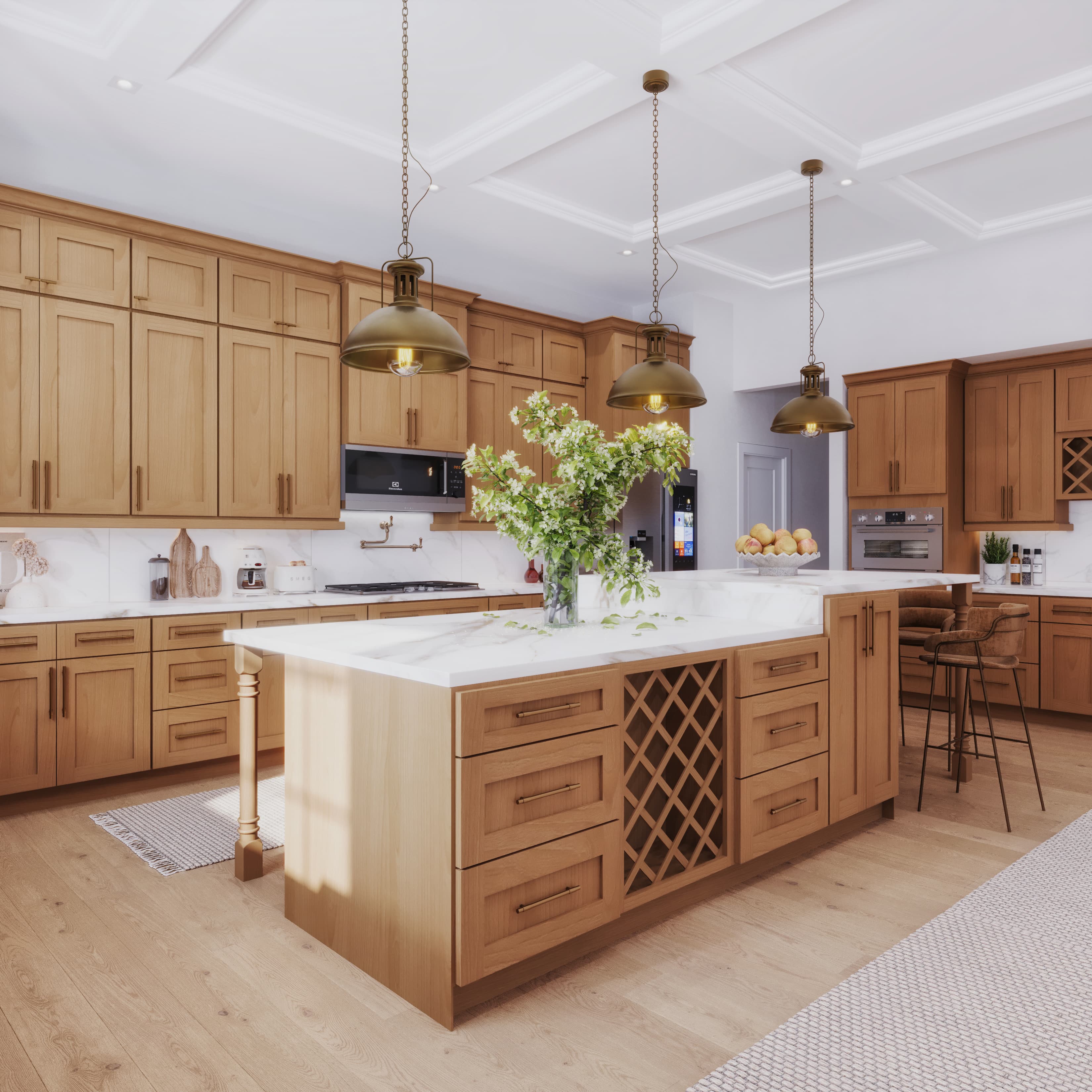 Glide-Lock kitchen - St Charles Beechwood Shaker with coffered ceiling