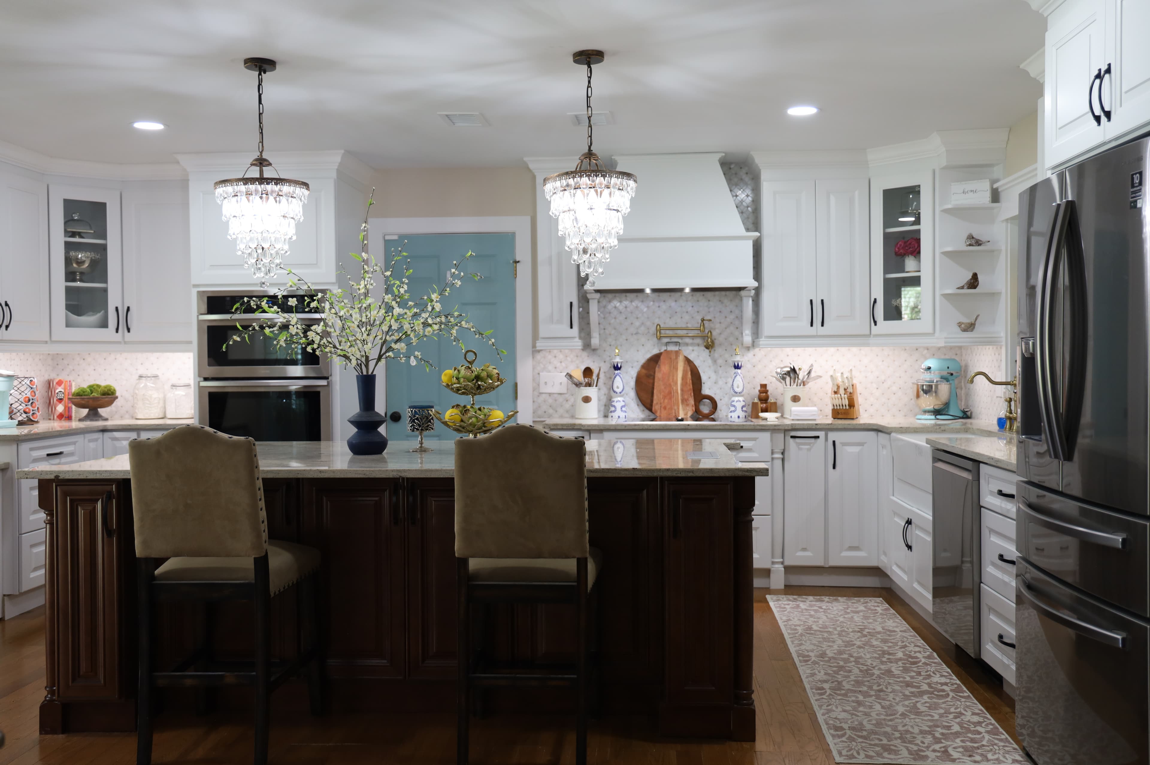 Glide-Lock kitchen - White cabinets with crystal chandeliers
