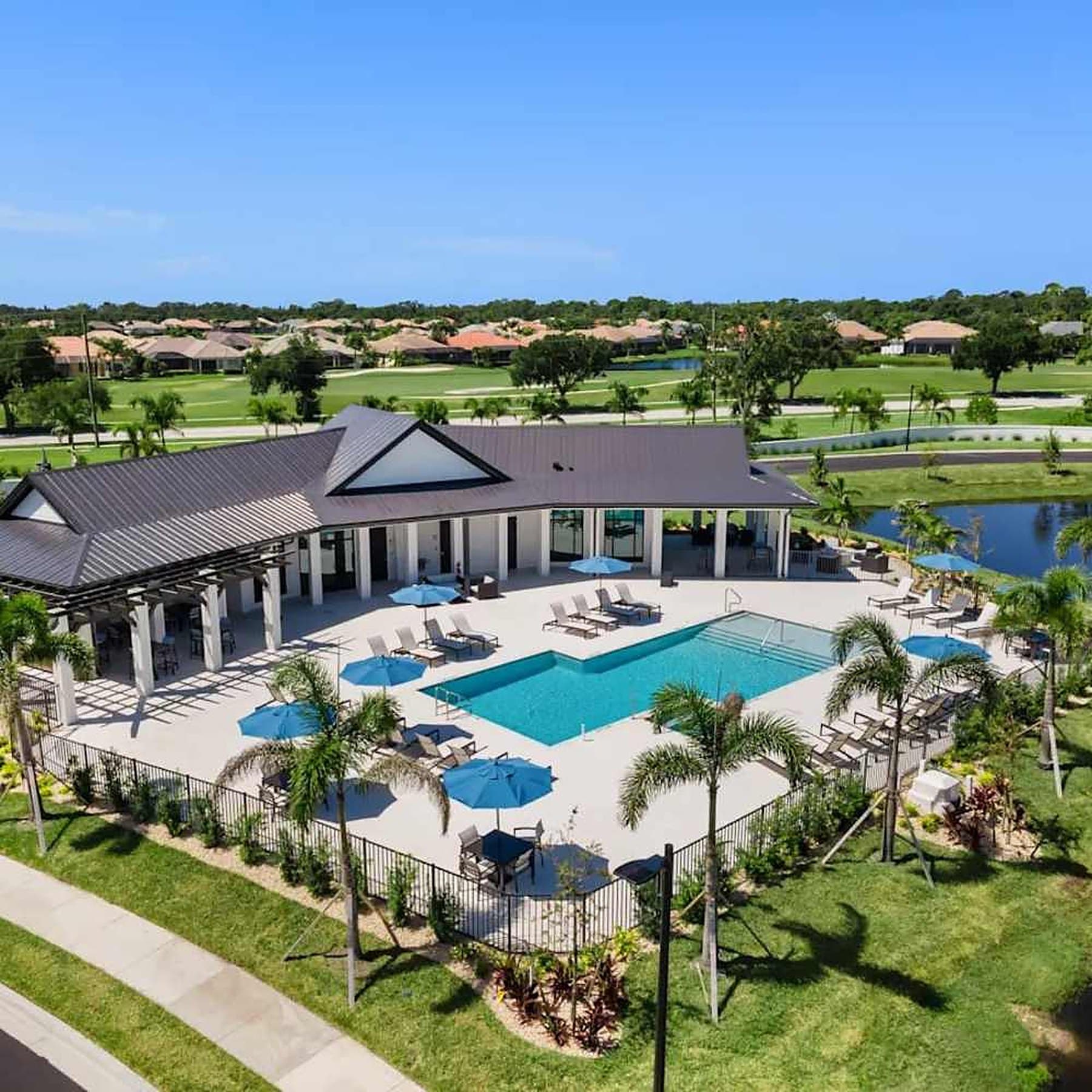 Aerial view of the pool and clubhouse at The Waterfront on Hatchett Creek
